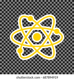 Atom sign illustration. Vector. Yellow icon with white contour on dark transparent background.