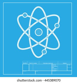 Atom sign illustration. White section of icon on blueprint template.