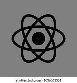 Atom sign. Vector. Black icon on medium gray background. Isolated.
