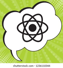 Atom sign. Vector. Black icon in speech bubble at popart yellow green background.