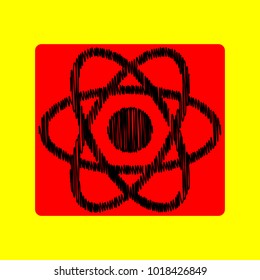 Atom sign. Vector. Black scribble icon in red container with rounded corners at yellow background. Isolated.