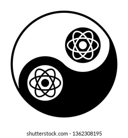 Atom sign. Vector. Black and white icon inside circles of yin and yang symbol  at white background.