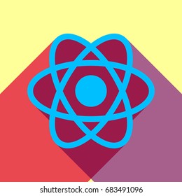 Atom sign. Vector. Deep sky blue icon with two flat violet and raspberry semitransparent shadows on canary background.