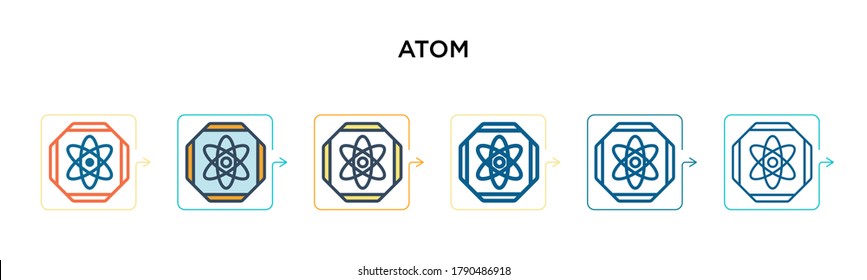 Atom sign vector icon in 6 different modern styles. Black, two colored atom sign icons designed in filled, outline, line and stroke style. Vector illustration can be used for web, mobile, ui