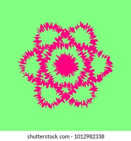 Atom sign. Vector. Magenta rough icon on greenish background. Isolated.