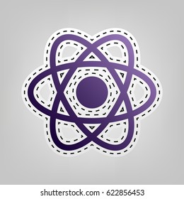 Atom sign. Vector. Violet icon with outline for cutting out at gray background.