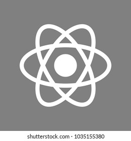 Atom sign. Vector. White icon on medium gray background. Isolated.