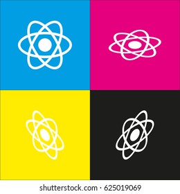 Atom sign. Vector. White icon with isometric projections on cyan, magenta, yellow and black backgrounds.