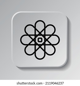 Atom simple icon, vector. Flat desing. Black icon on square button with shadow. Grey background.ai