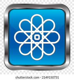 Atom simple icon, vector. Flat design. Metal, blue square button. Transparent grid.ai
