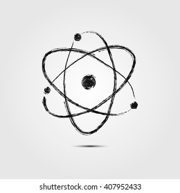 Atom sketch icon for web, mobile and infographics. Hand drawn vector dark grey simbol isolated on light grey background.