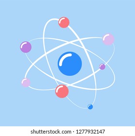 Atom  and small particles isolated icon of chemical element vector. Molecular structure, protons and neutrons moving on spiral, scientific research info