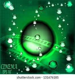 Atom, space, drops, bubbles. A film, cinema 3D, water and seaweed. A vector template of the poster, the text. Stylish bubbles, lines, a wave. eps 10