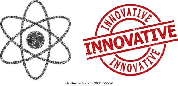 Mosaico estrella átomo y sello de sello innovador de sello. Sello rojo con superficie corroída y leyenda innovadora dentro del círculo. La composición de átomos abstractos se compone de elementos estelares planos aleatorizados.