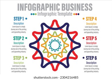 Atom start diagram infographic with circles. Modern infographic design template with 6 options, steps or parts. Flat vector illustration for business presentation.	
