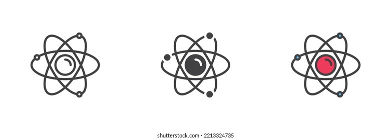 Atom Structure Different Style Icon Set. Line, Glyph And Filled Outline Colorful Version, Outline And Filled Vector Sign. Nuclear Power Symbol, Logo Illustration. Vector Graphics