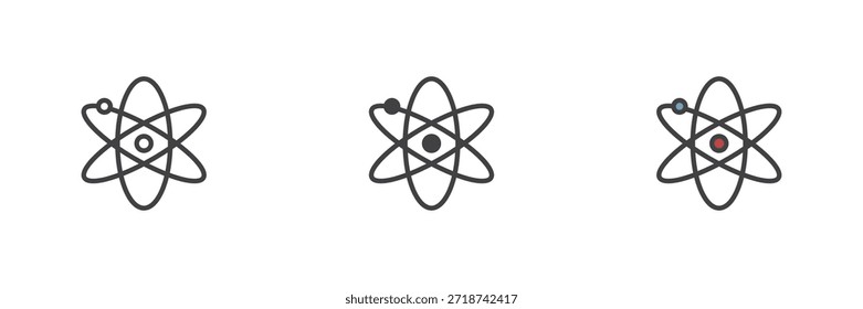 Atom estrutura ícone educação definido em linha, sólido e preenchido esboço colorido estilo. Símbolo e sinal vetorial de ciência e física. Ícone de educação para química, pesquisa e aprendizagem científica.