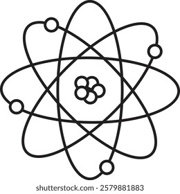 Atom structure icon. Concept of science, quantum physics, atomic structure. Black outlined atom with orbiting electron around nucleus, isolated on transparent background. Nuclear physics symbol.