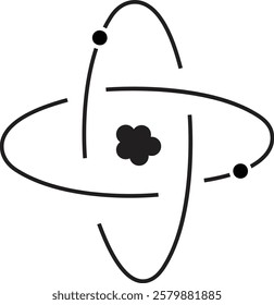 Atom structure icon. Concept of science, quantum physics, atomic structure. Black outlined atom with orbiting electron around nucleus, isolated on transparent background. Nuclear physics symbol.