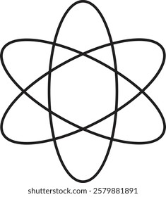 Atom structure icon. Concept of science, quantum physics, atomic structure. Black outlined atoms with orbits isolated on transparent background. Nuclear physics symbol.