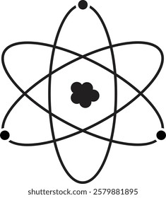 Atom structure icon. Concept of science, quantum physics, atomic structure. Black outlined atom with orbiting electron around nucleus, isolated on transparent background. Nuclear physics symbol.