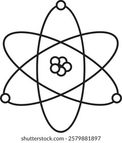 Atom structure icon. Concept of science, quantum physics, atomic structure. Black outlined atom with orbiting electron around nucleus, isolated on transparent background. Nuclear physics symbol.