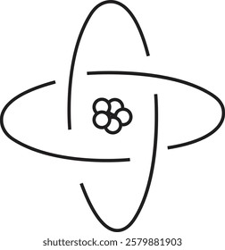 Atom structure icon. Concept of science, quantum physics, atomic structure. Black outlined atoms with orbits isolated on transparent background. Nuclear physics symbol.