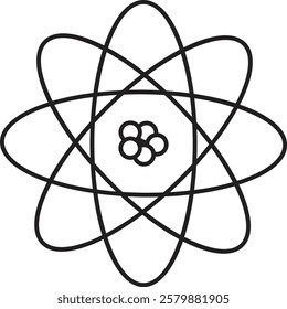 Atom structure icon. Concept of science, quantum physics, atomic structure. Black outlined atoms with orbits isolated on transparent background. Nuclear physics symbol.