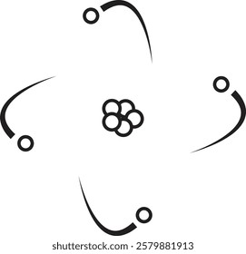 Atom structure icon. Concept of science, quantum physics, atomic structure. Black outlined atom with orbiting electron around nucleus, isolated on transparent background. Nuclear physics symbol.