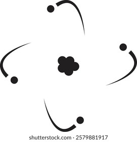 Atom structure icon. Concept of science, quantum physics, atomic structure. Black outlined atom with orbiting electron around nucleus, isolated on transparent background. Nuclear physics symbol.