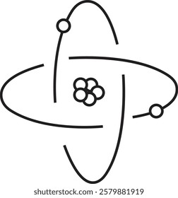 Atom structure icon. Concept of science, quantum physics, atomic structure. Black outlined atom with orbiting electron around nucleus, isolated on transparent background. Nuclear physics symbol.