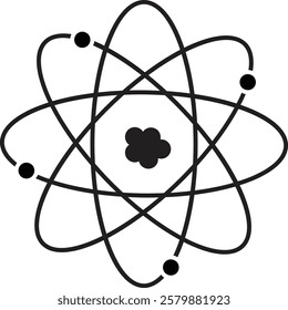 Atom structure icon. Concept of science, quantum physics, atomic structure. Black outlined atom with orbiting electron around nucleus, isolated on transparent background. Nuclear physics symbol.