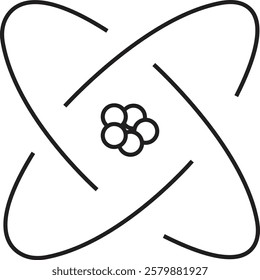 Atom structure icon. Concept of science, quantum physics, atomic structure. Black outlined atoms with orbits isolated on transparent background. Nuclear physics symbol.