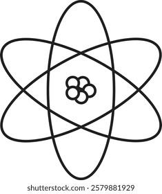 Atom structure icon. Concept of science, quantum physics, atomic structure. Black outlined atoms with orbits isolated on transparent background. Nuclear physics symbol.