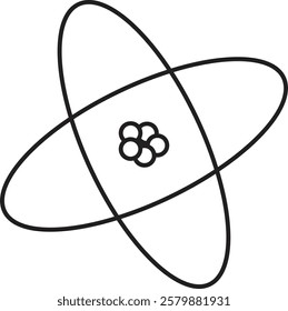 Atom structure icon. Concept of science, quantum physics, atomic structure. Black outlined atoms with orbits isolated on transparent background. Nuclear physics symbol.