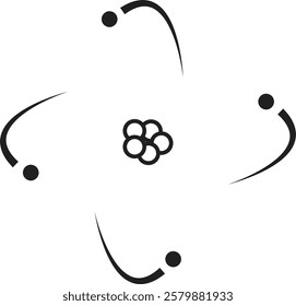 Atom structure icon. Concept of science, quantum physics, atomic structure. Black outlined atom with orbiting electron around nucleus, isolated on transparent background. Nuclear physics symbol.