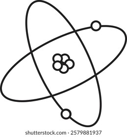 Atom structure icon. Concept of science, quantum physics, atomic structure. Black outlined atom with orbiting electron around nucleus, isolated on transparent background. Nuclear physics symbol.