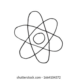 Atom structure icon in doodle sketch lines. Science technology school college education molecule particles.