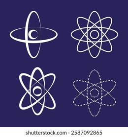 Atom structure icon. Science nuclear symbol. Molecule orbit design. Dark blue background.