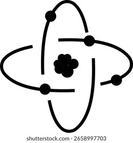 Atom structure icons. Concept of science, quantum physics, atomic structure. Black outlined atoms with orbiting electron around nucleus, isolated on transparent background. Nuclear physics symbol.