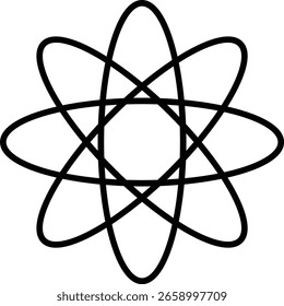 Ícones da estrutura Atom. Conceito de ciência, física quântica, estrutura atômica. Átomos contornados pretos com elétrons em órbita ao redor do núcleo, isolados sobre fundo transparente. Símbolo de física nuclear.