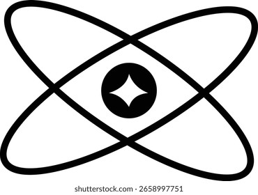 Atom structure icons. Concept of science, quantum physics, atomic structure. Black outlined atoms with orbiting electron around nucleus, isolated on transparent background. Nuclear physics symbol.
