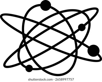 Ícones da estrutura Atom. Conceito de ciência, física quântica, estrutura atômica. Átomos contornados pretos com elétrons em órbita ao redor do núcleo, isolados sobre fundo transparente. Símbolo de física nuclear.