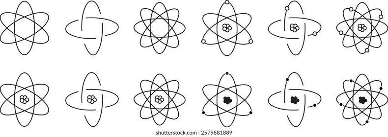 Atom structure icons set. Concept of science, quantum physics, atomic structure. Black outlined atoms with orbiting electron around nucleus, isolated on transparent background. Nuclear physics symbol.