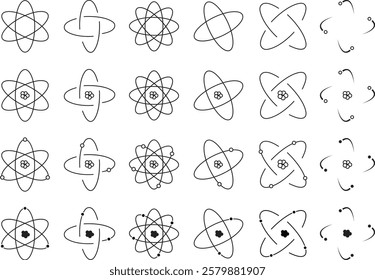 Atom structure icons set. Concept of science, quantum physics, atomic structure. Black outlined atoms with orbiting electron around nucleus, isolated on transparent background. Nuclear physics symbol.