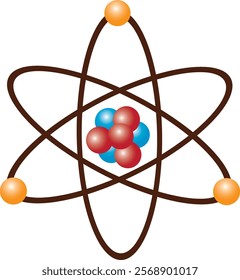 atom structure model. nucleus of protons and neutrons. orbital electrons. vector illustration isolated on white background.