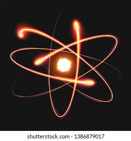Atom structure model with nucleus surrounded by electrons. Technological concept of nuclear power. Vector illustration on a black background