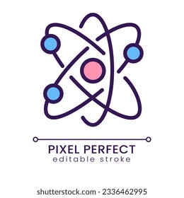 Atom structure pixel perfect RGB color icon. Smallest particle. Molecular structure. Atomic organization. Isolated vector illustration. Simple filled line drawing. Editable stroke. Poppins font used