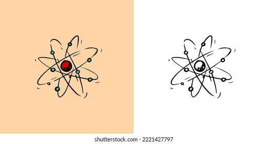 Atom surrounded by electrons. Nuclear power. Structure model sketch. Physics drawing. Education doodle icon. Outline black ink for infographic, website or app.