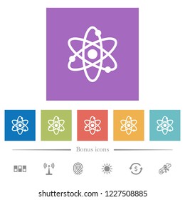 Atom symbol flat white icons in square backgrounds. 6 bonus icons included.